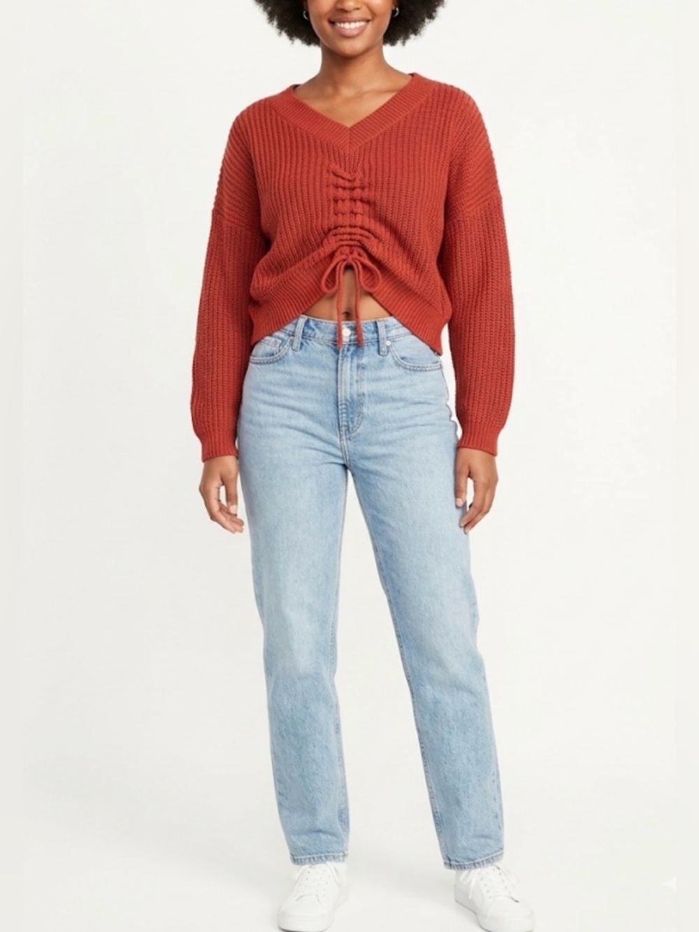 STAR + SKY Rust Orange V-Neck Cropped Sweater Cinched Front Drawstring M